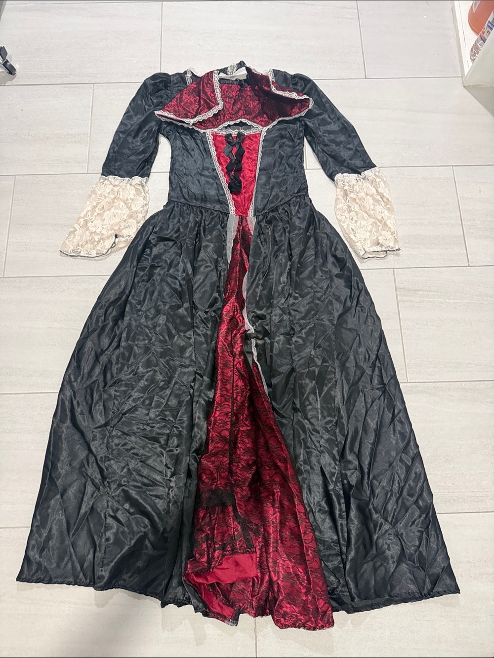 Victorian-Inspired Black and Burgundy Lace Panel Dress
